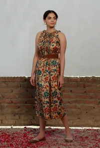 Red Kalamkari Printed Cotton Silk Strappy A Line Short Kurta image 3