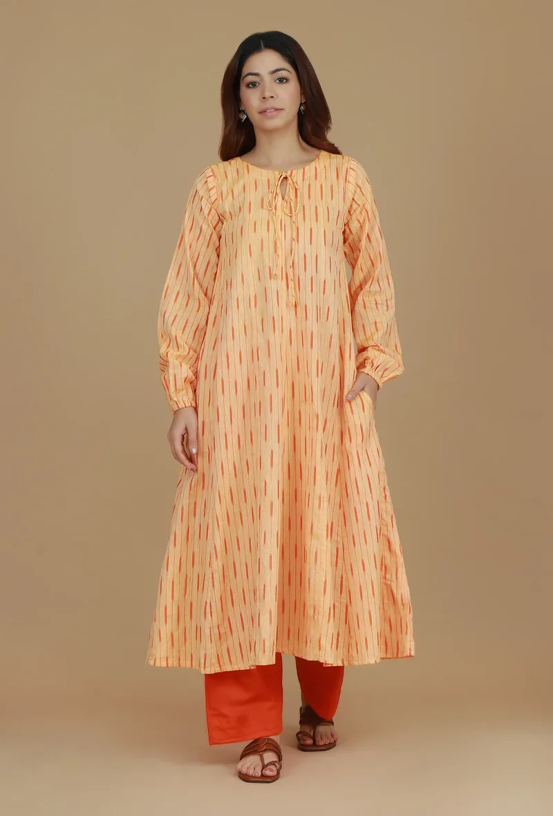 Set of 2 Orange Ikat Cotton Kurta with Matching Orange Pants
