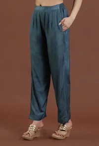 Solid Teal Blue Shantoon Straight Pant image 3