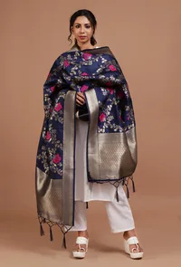 Navy Blue Color Semi Silk Dupatta With Zari Weaving image 1