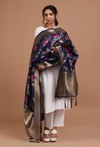 Navy Blue Color Semi Silk Dupatta With Zari Weaving image 2