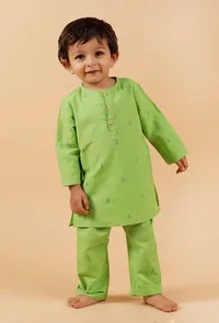 Set Of 2: Mint Green Kurta With Mint Green Buti Woven Pant image 1