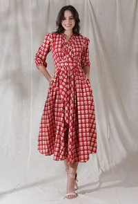 Apple red color cotton blockprinted draped flared dress image 1