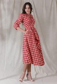 Apple red color cotton blockprinted draped flared dress image 2