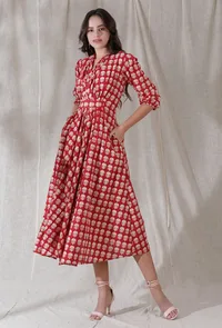 Apple red color cotton blockprinted draped flared dress image 3
