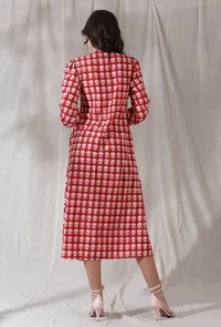 Apple red color cotton blockprinted draped flared dress image 4