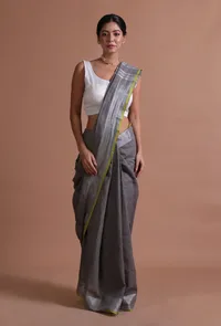 Grey Color Cotton Linen Saree With Unstitched Blouse image 1