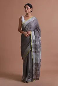 Grey Color Cotton Linen Saree With Unstitched Blouse image 2