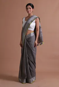 Grey Color Cotton Linen Saree With Unstitched Blouse image 3