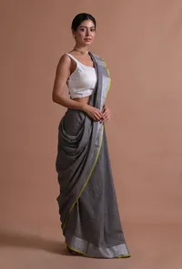 Grey Color Cotton Linen Saree With Unstitched Blouse image 4