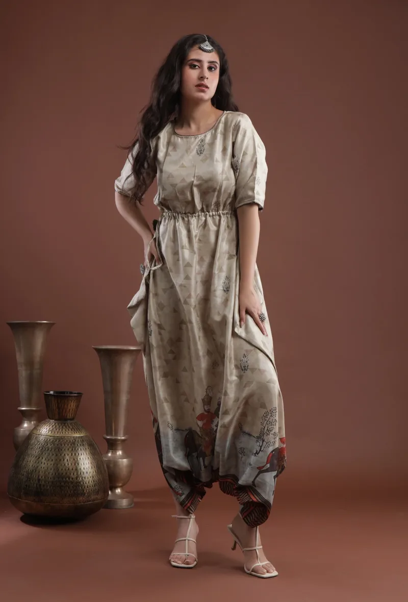 Ecru Yellow Printed Taffeta Loose Fit Jumpsuit