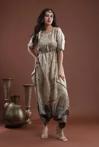 Ecru Yellow Printed Taffeta Loose Fit Jumpsuit image 1