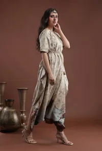 Ecru Yellow Printed Taffeta Loose Fit Jumpsuit image 3