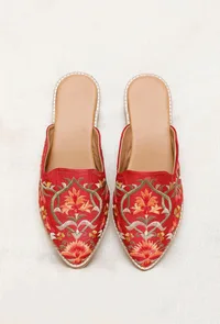 Red Embroidered Dupion Silk Mules image 1