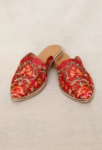 Red Embroidered Dupion Silk Mules image 2