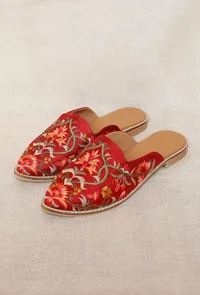 Red Embroidered Dupion Silk Mules image 3