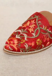 Red Embroidered Dupion Silk Mules image 5