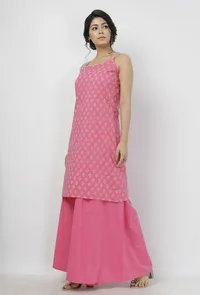 Set of 2: Gul Pink Buti Hand-Block Printed Cotton Slip with Plain Flared Palazzo image 3
