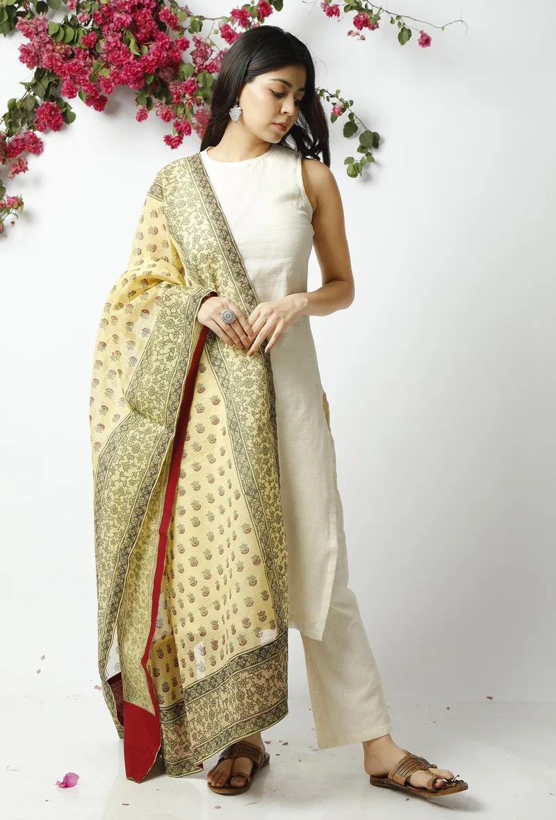 Set of 3: The Artful Yellow Kota Dupatta matched with The Charming Off White Kota Kurta and Pant