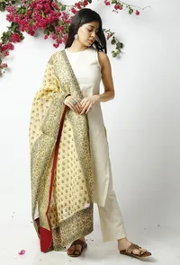 Set of 3: The Artful Yellow Kota Dupatta matched with The Charming Off White Kota Kurta and Pant image 1