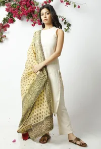 Set of 3: The Artful Yellow Kota Dupatta matched with The Charming Off White Kota Kurta and Pant image 2