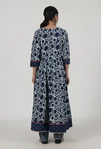 Set Of 2: Indigo Printed Blue Cotton Anarkali & Pant Set image 3