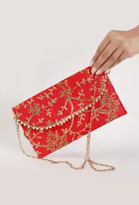 Ruby Red Zari Embroidered Silk Envelope Clutch image 1