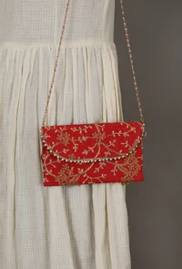 Ruby Red Zari Embroidered Silk Envelope Clutch image 2