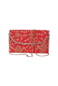 Ruby Red Zari Embroidered Silk Envelope Clutch image 3