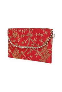 Ruby Red Zari Embroidered Silk Envelope Clutch image 5