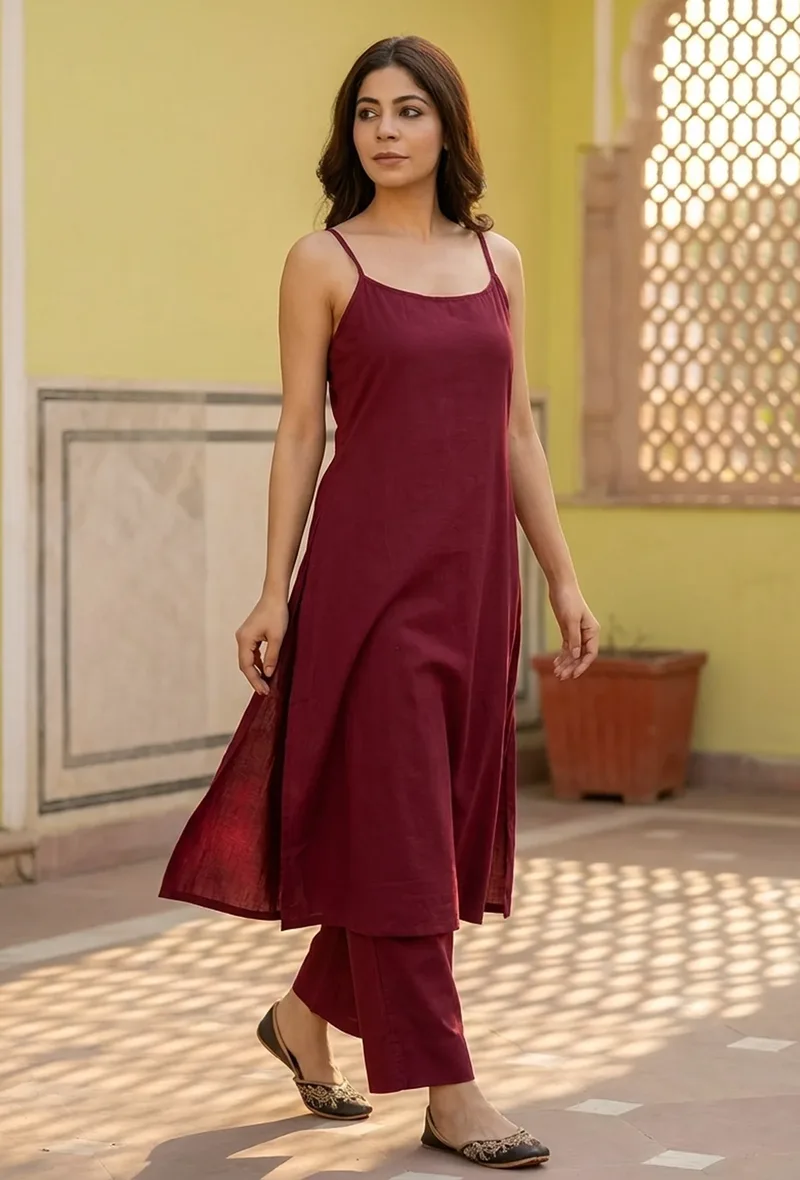 Set of 2: Red A-line Slip Kurta with Straight Pants