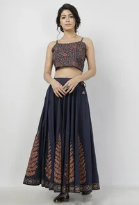 Set of 2: Indigo Blue Leaves Hand-Block Printed Cotton Slip Blouse with Floral Hand-Block Printed Tasseled Cotton Skirt image 2
