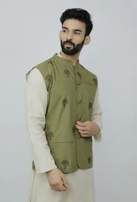 Olive Green Cotton Nehru Block Print Jacket image 2