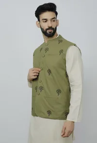 Olive Green Cotton Nehru Block Print Jacket image 3