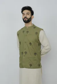 Olive Green Cotton Nehru Block Print Jacket image 4
