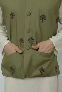 Olive Green Cotton Nehru Block Print Jacket image 5