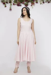 Set of 2 :Light Pink Cotton Anarkali Paired with Cotton Chooridar image 1