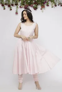 Set of 2 :Light Pink Cotton Anarkali Paired with Cotton Chooridar image 2