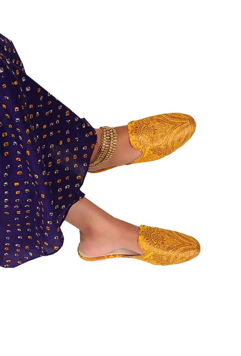 Intricate Yellow Brocade Slider Mules