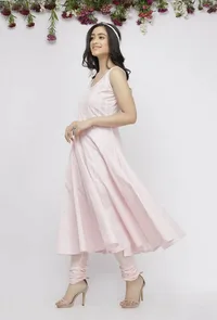 Light Pink Plain Kalidar Cotton Kurta image 3