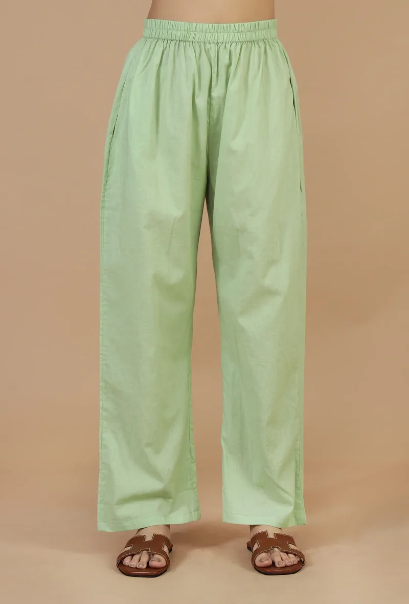Light Green Solid Cotton Straight Pants