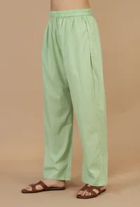 Light Green Solid Cotton Straight Pants image 2