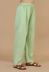 Light Green Solid Cotton Straight Pants image 3