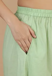 Light Green Solid Cotton Straight Pants image 5