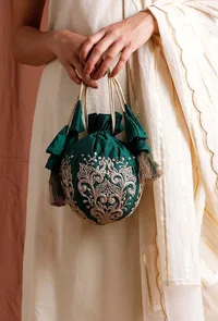 Bottle Green Dupion Silk Potli with Beige Strings image 1