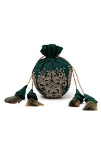 Bottle Green Dupion Silk Potli with Beige Strings image 2