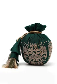 Bottle Green Dupion Silk Potli with Beige Strings image 3