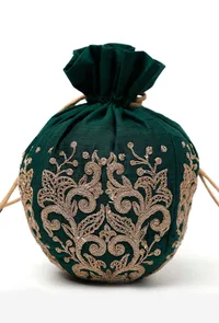 Bottle Green Dupion Silk Potli with Beige Strings image 4