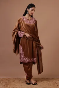 Chocolate Brown Velvet Ari Embroidered Kurta, Pant And Dupatta Set- Free Size image 1