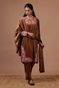 Chocolate Brown Velvet Ari Embroidered Kurta, Pant And Dupatta Set- Free Size image 2